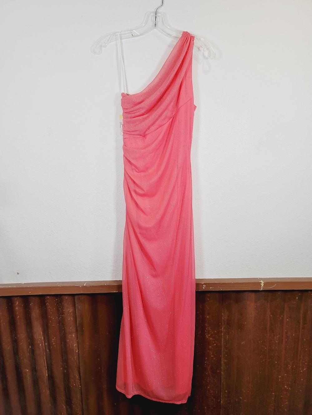 Betsy & Adam Pink Shimmer Evening Gown with Embellished Strap, Size 8 - Picture 2 of 5